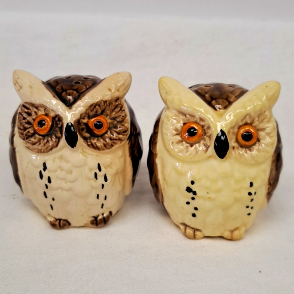 Vintage 1982 handpainted pair of ceramic owl salt and pepper shakers by ENESCO